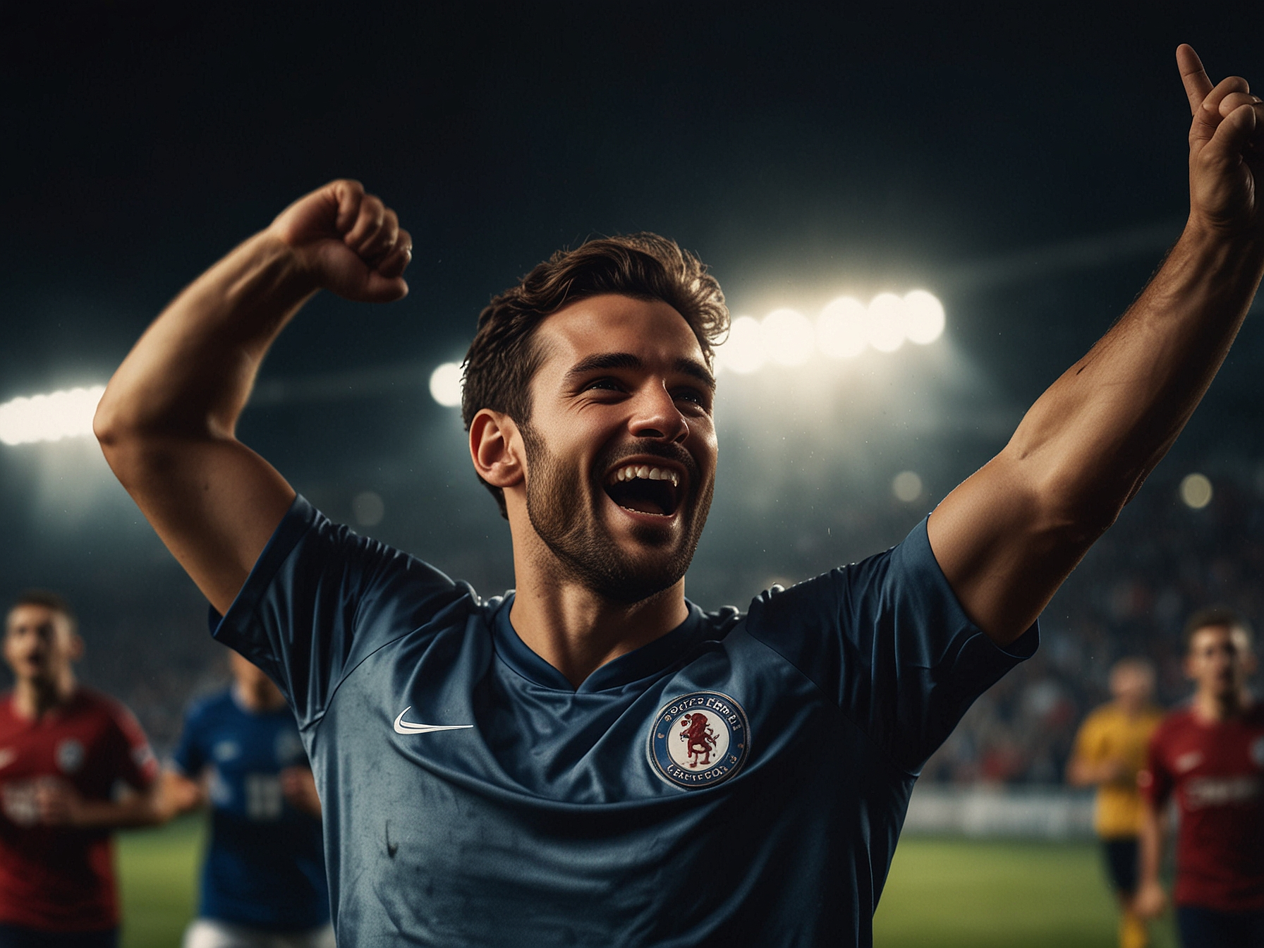 Football player celebrating with stadium lights in background
